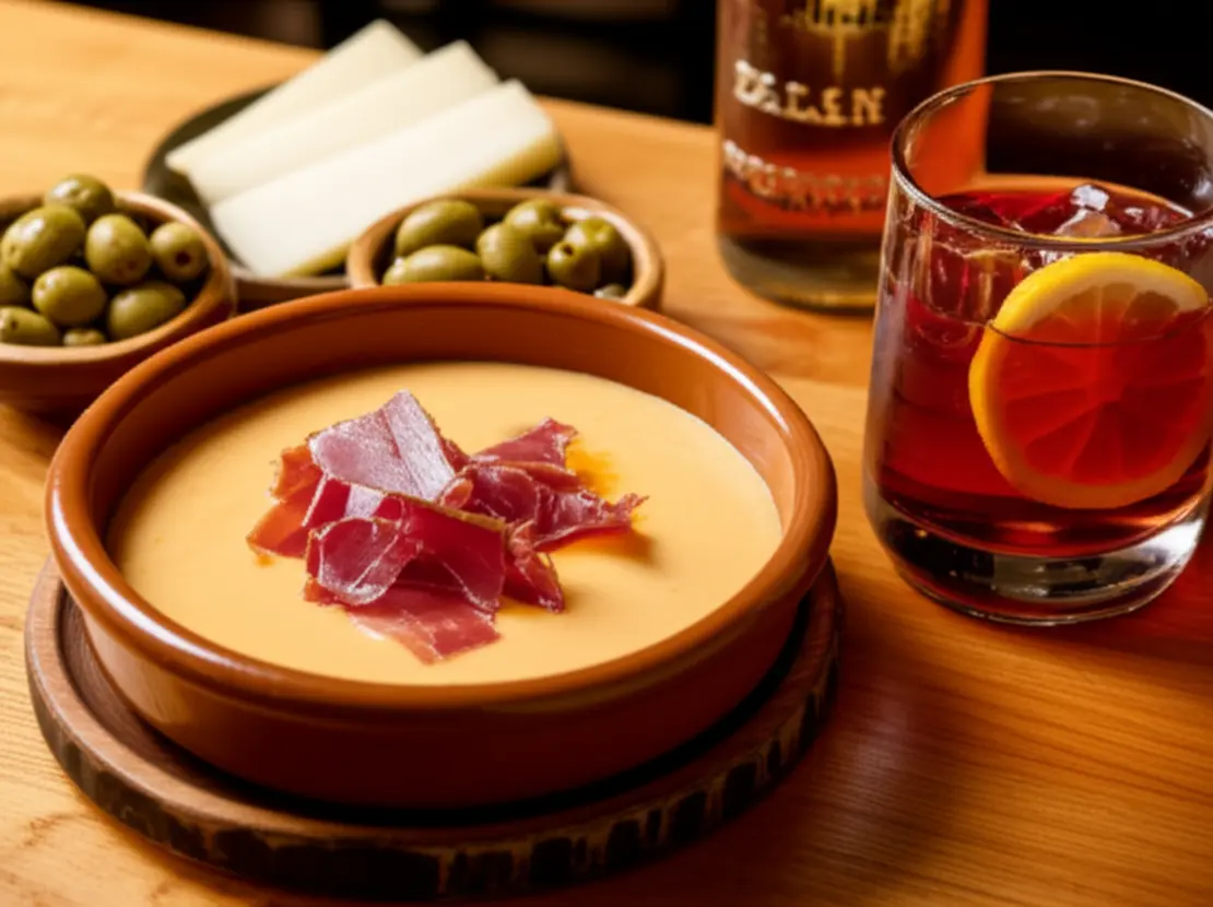 Tabela de madeira com diversas tapas espanholas e um copo de tinto de verano.