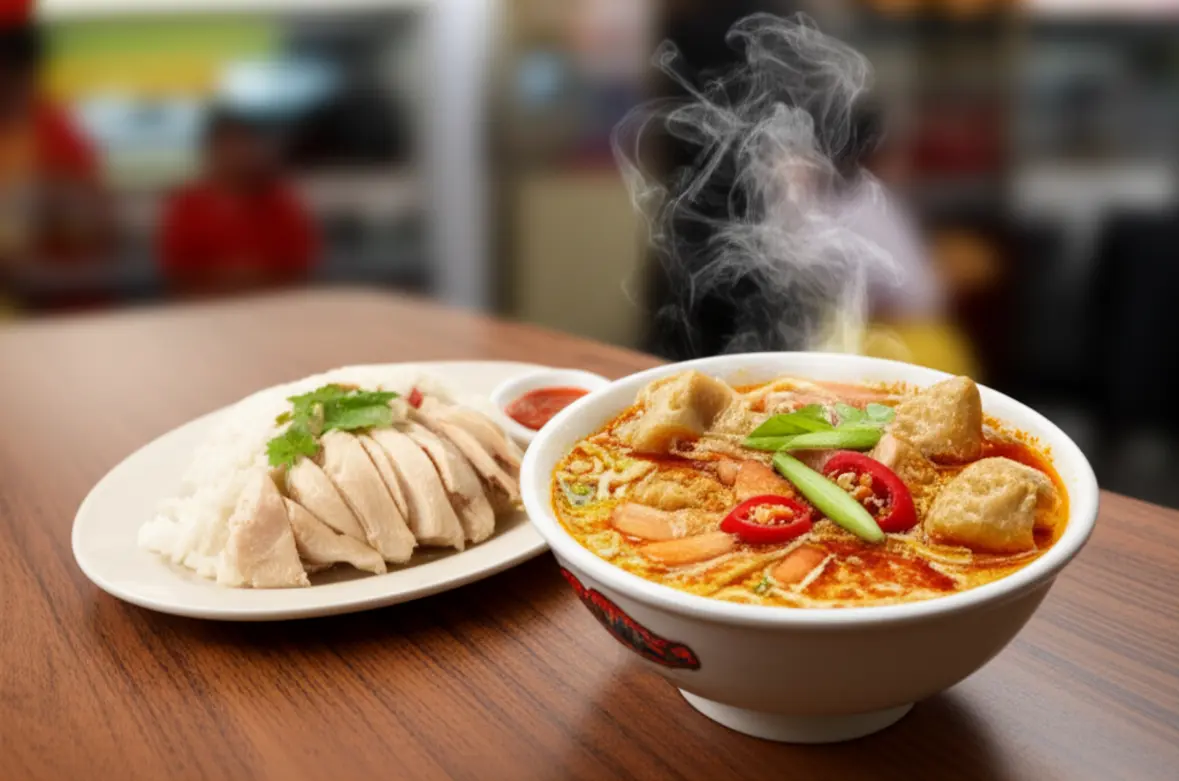 Pratos típicos da culinária de Singapura servidos de forma apetitosa em um Hawker Center.