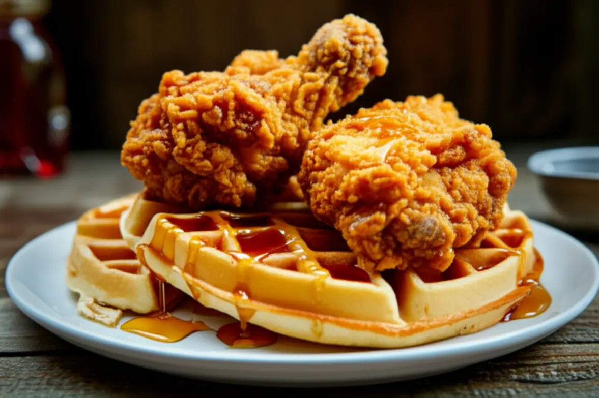 Prato de Soul Food com frango frito crocante e waffles.