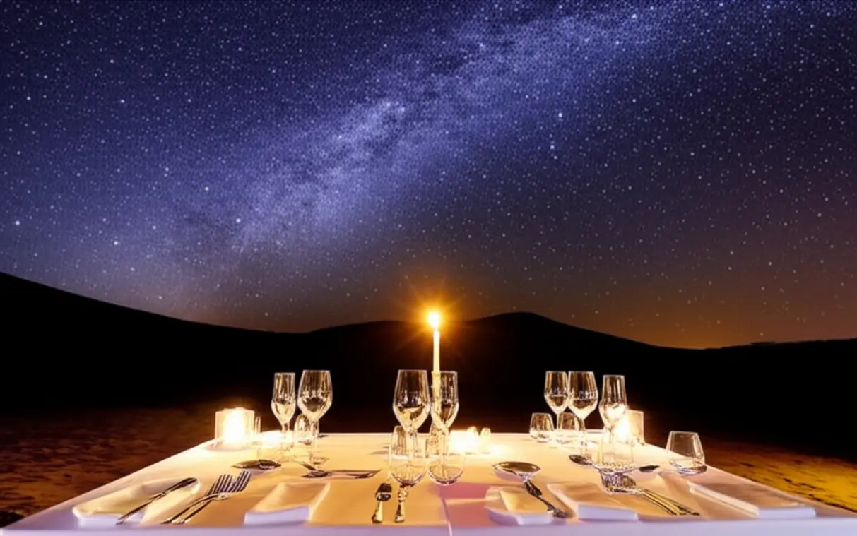 Jantar gourmet montado sobre uma duna de areia sob a Via Láctea.