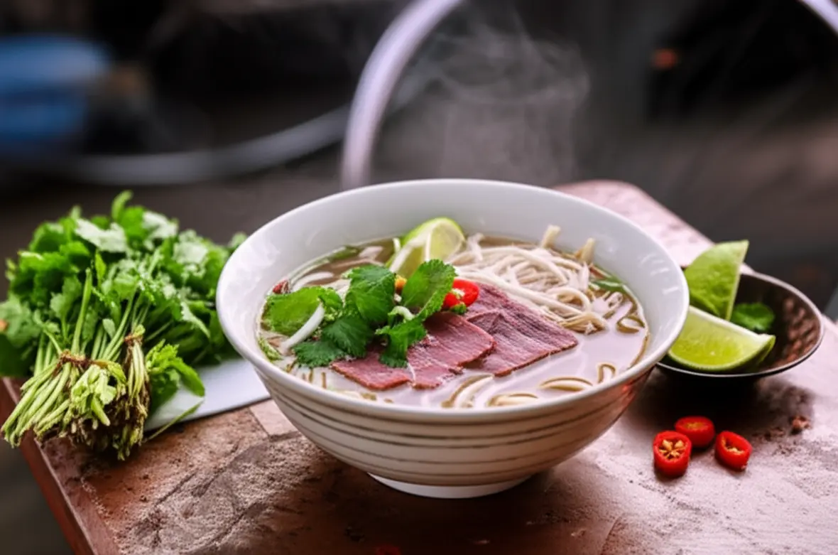 Tigela de sopa Pho Bo fumegante em uma mesa de rua em Hanói.