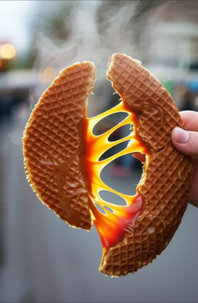 Stroopwafel holandês com caramelo derretido em um mercado de rua.