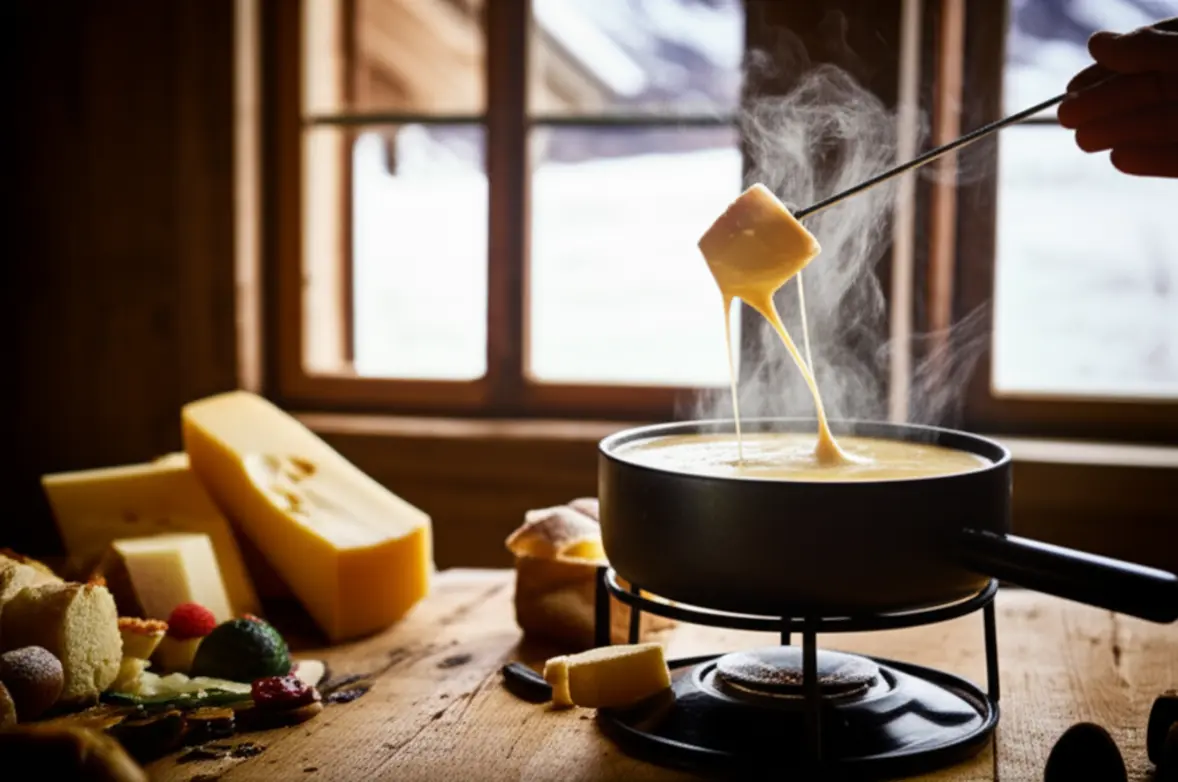Fondue de queijo suíço tradicional servido em uma mesa rústica de madeira.