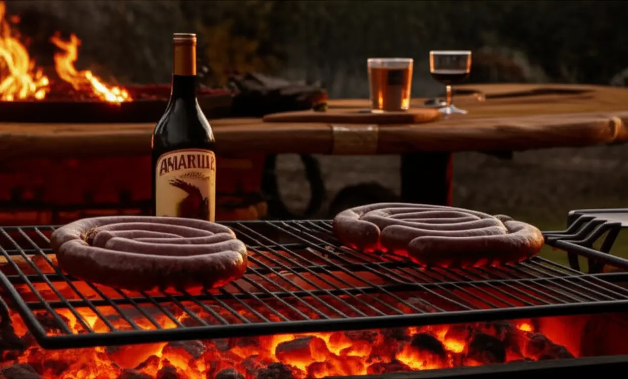 Churrasco tradicional sul-africano braai com linguiças boerewors ao pôr do sol.