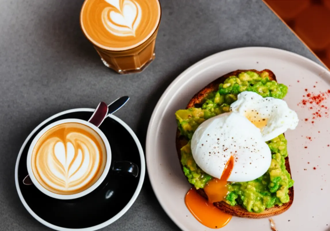 Café da manhã australiano com torrada de abacate e café flat white.