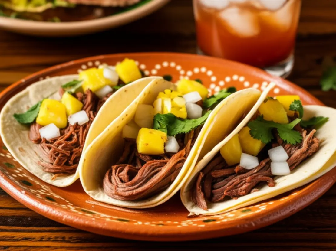 Prato de Tacos al Pastor autênticos com abacaxi, coentro e uma Michelada ao fundo.