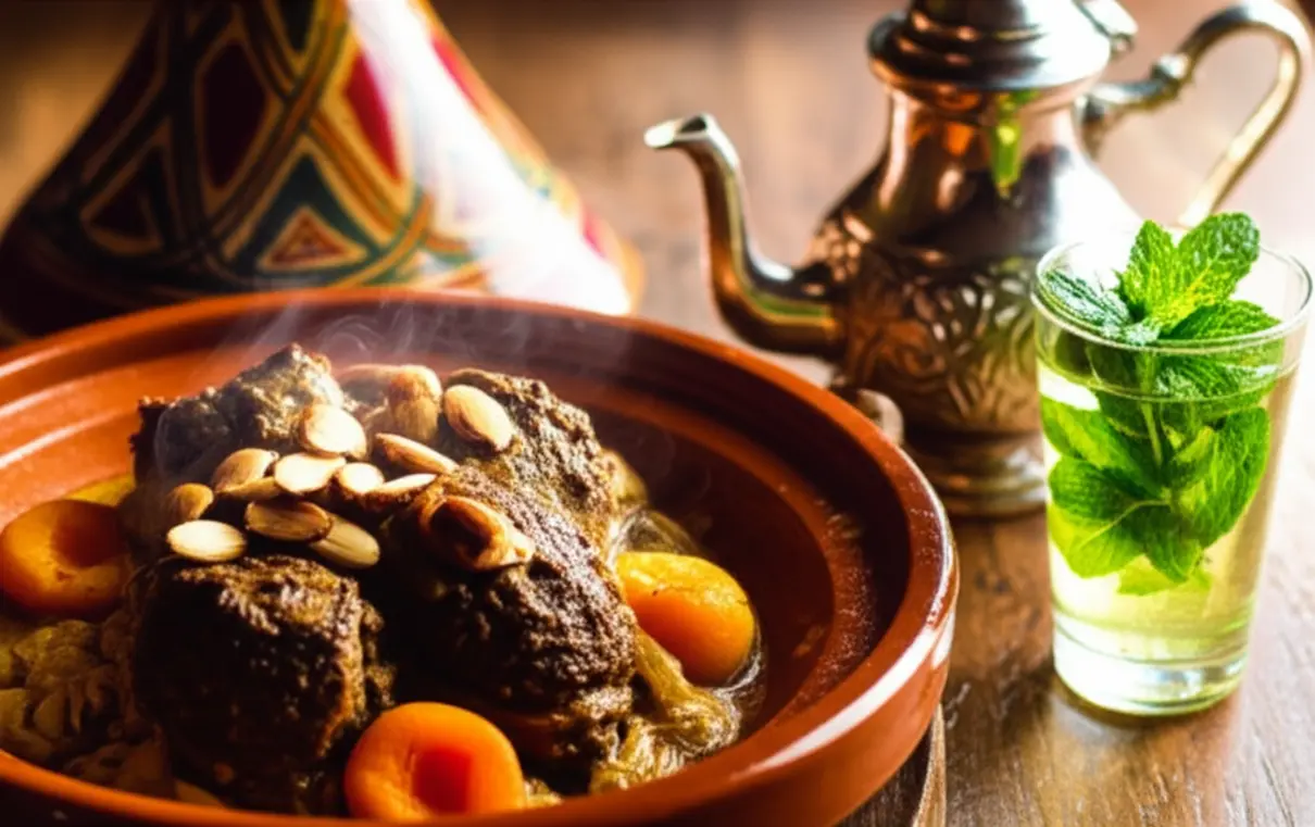Prato de Tagine marroquino fumegante acompanhado de chá de hortelã.