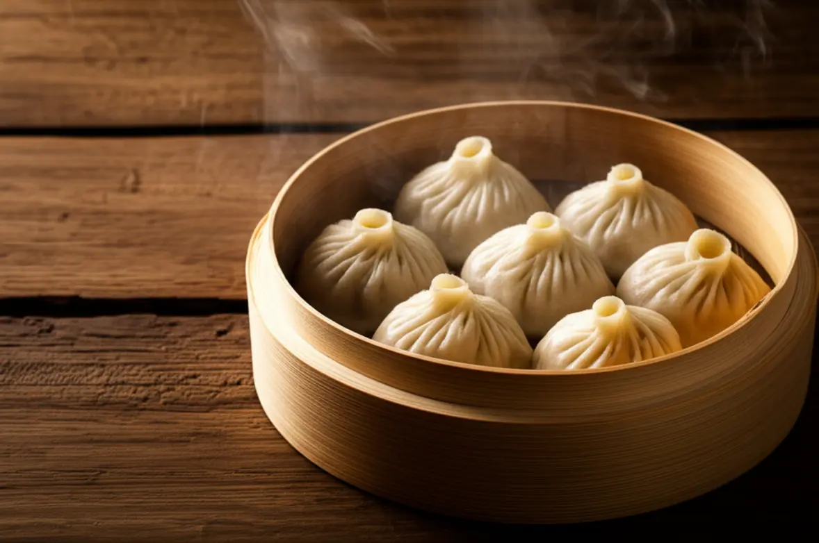 Cesta de bambu com Xiao Long Bao fumegantes.