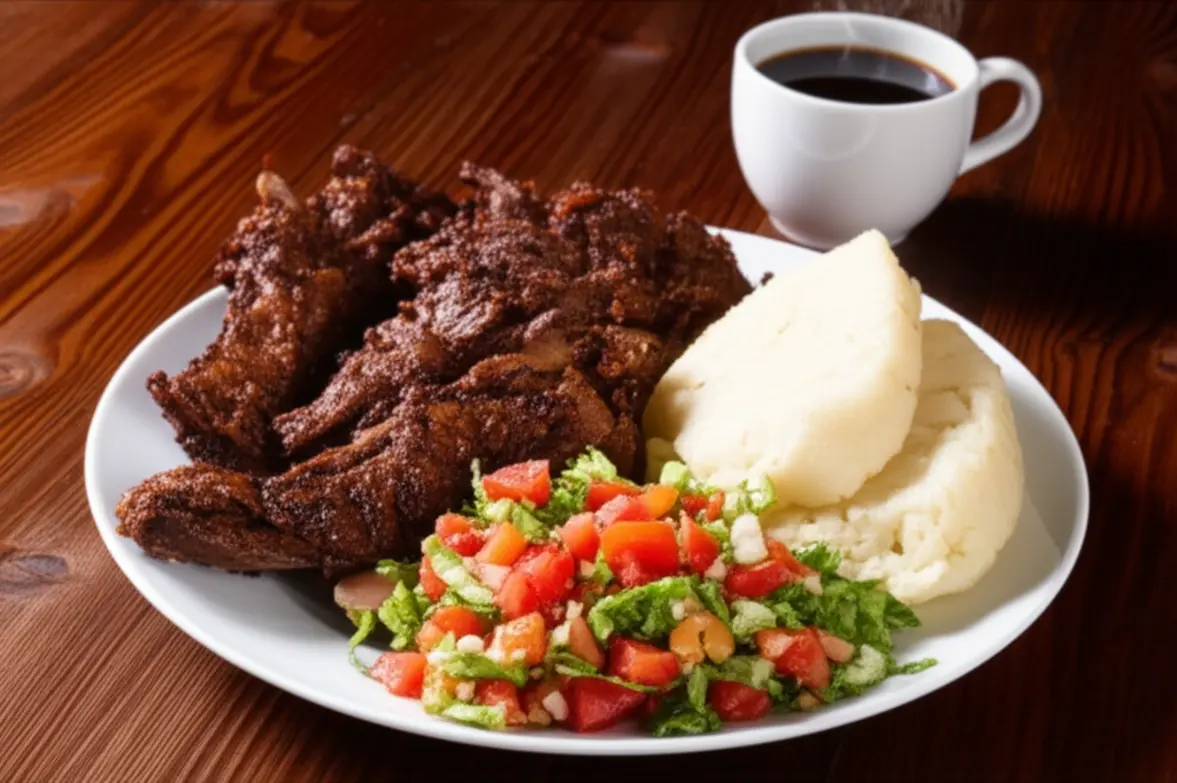 Prato de Nyama Choma acompanhado de Ugali e café da Tanzânia.