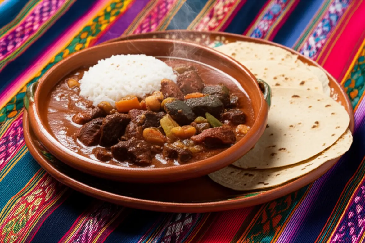 Tigela de Pepián guatemalteco tradicional com arroz e tortilhas sobre tecido maia.