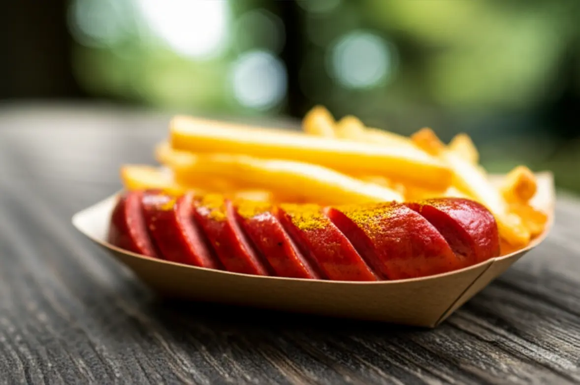 Um prato de Currywurst com batatas fritas servido em uma mesa de madeira em um Biergarten de Berlim.