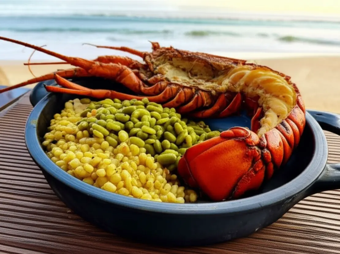 Prato tradicional de Cachupa Rica acompanhado de lagosta grelhada em uma mesa rústica à beira-mar.