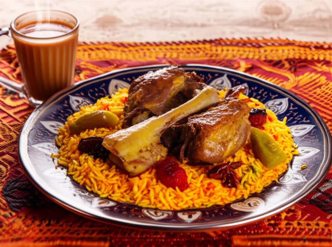 Prato de Machboos com arroz temperado e carne ao lado de um copo de chá Karak.