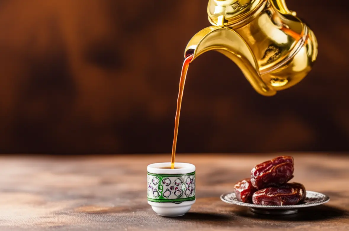 Café árabe sendo servido de uma cafeteira dourada ao lado de um prato de tâmaras.