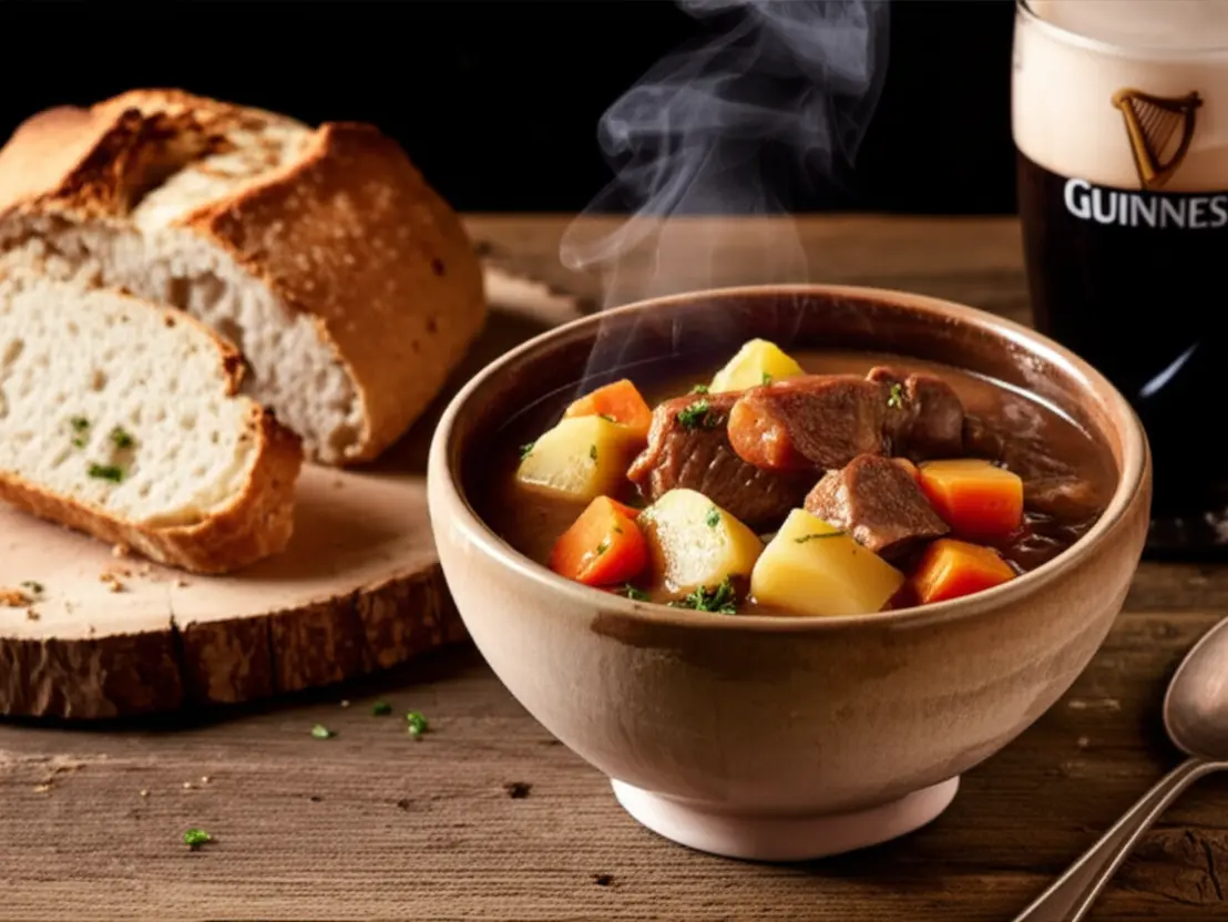 Prato de ensopado irlandês (Irish Stew) com pão de soda e um copo de Guinness sobre mesa de madeira.
