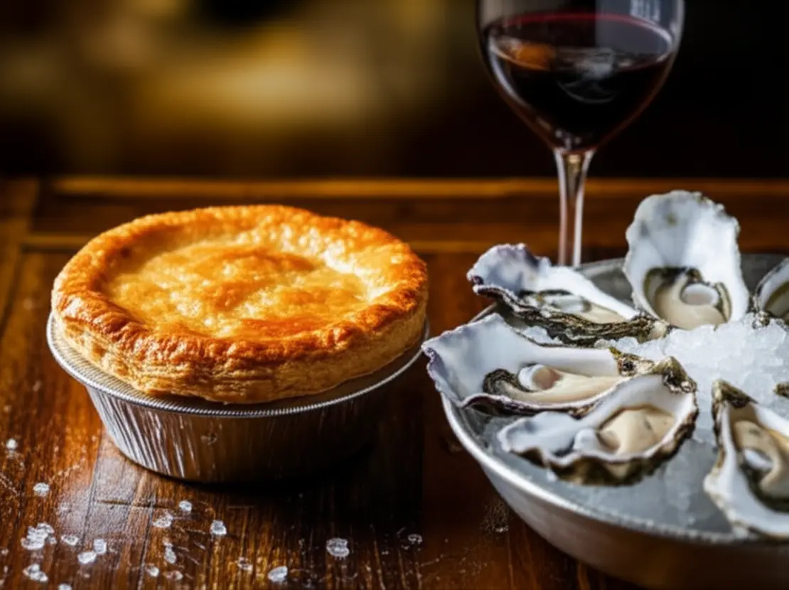 Close-up de uma torta de vieiras típica da Tasmânia e ostras frescas em uma mesa de madeira.