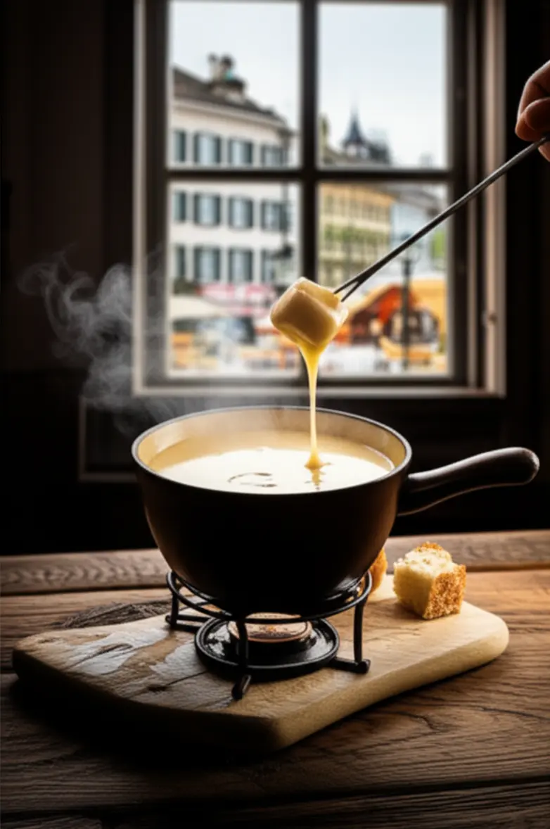 Um tradicional fondue de queijo suíço servido em um restaurante aconchegante.