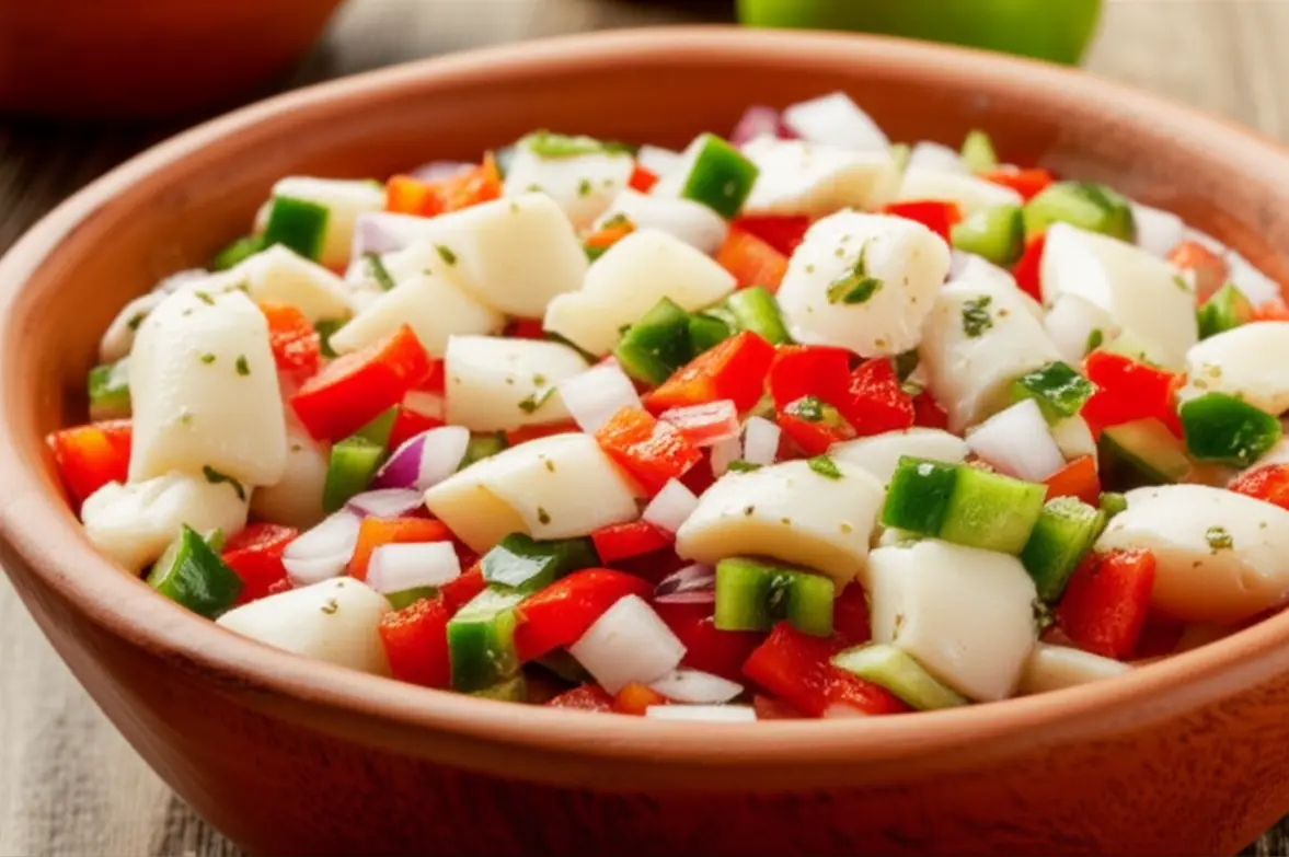 Uma tigela de salada de conch fresca, prato típico das Bahamas, servida ao ar livre.