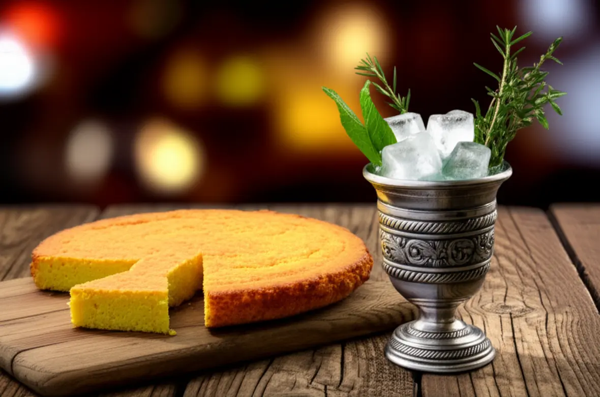 Mesa posta com Sopa Paraguaia dourada e uma guampa de Tereré refrescante.