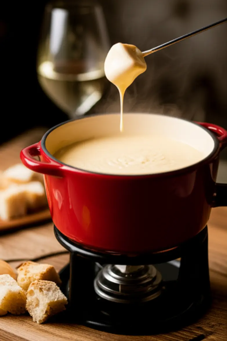 Mesa de jantar com um autêntico fondue de queijo suíço em Zurique.
