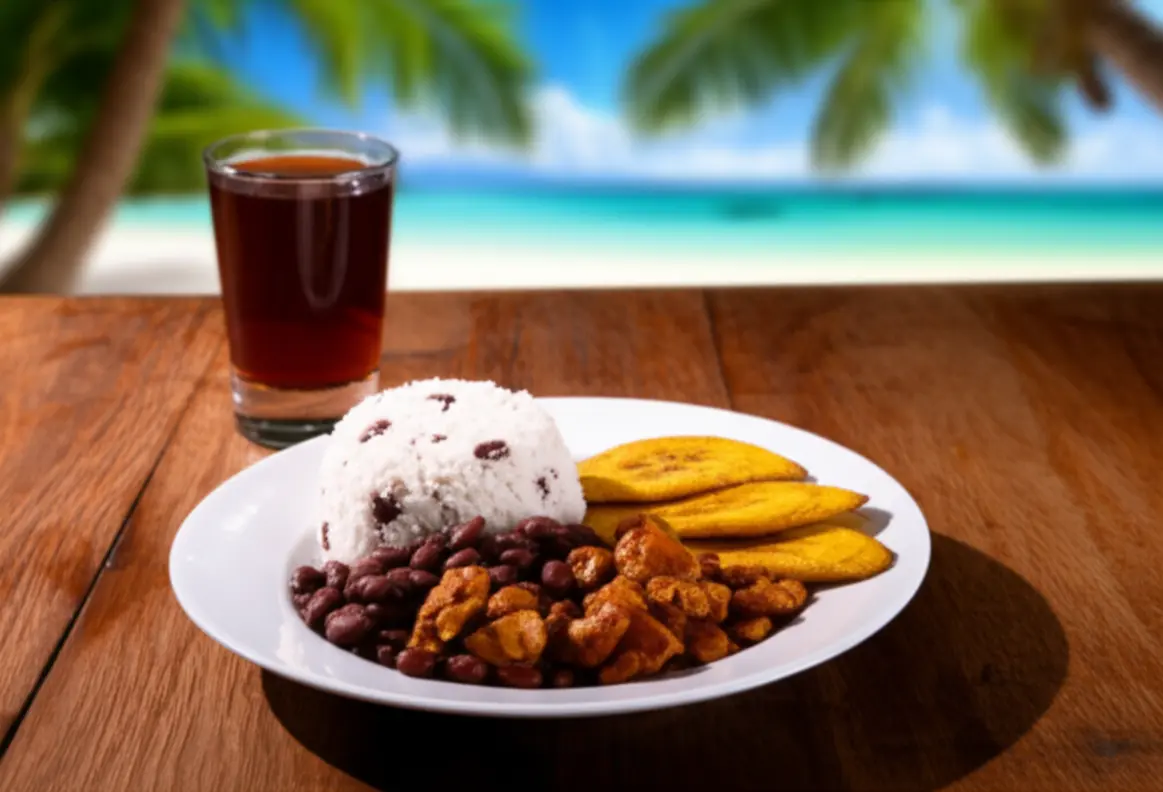 Prato típico La Bandera Dominicana servido em ambiente tropical.