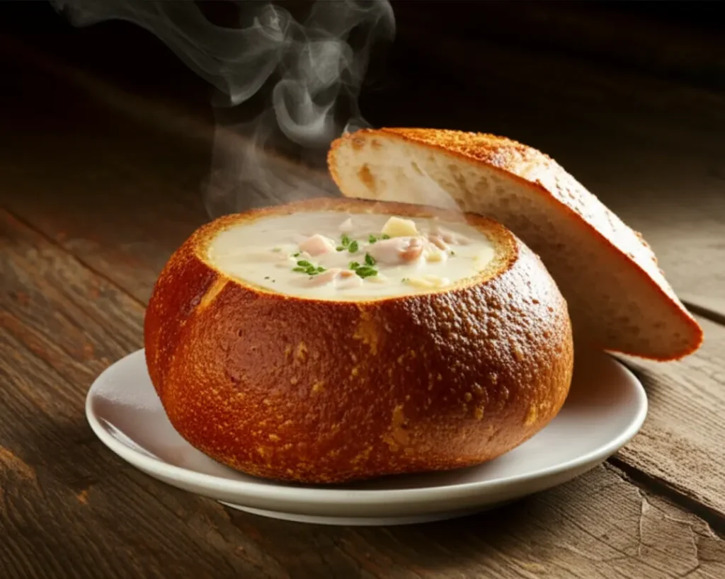 Uma sopa Clam Chowder servida dentro de um pão sourdough redondo em uma mesa de madeira.