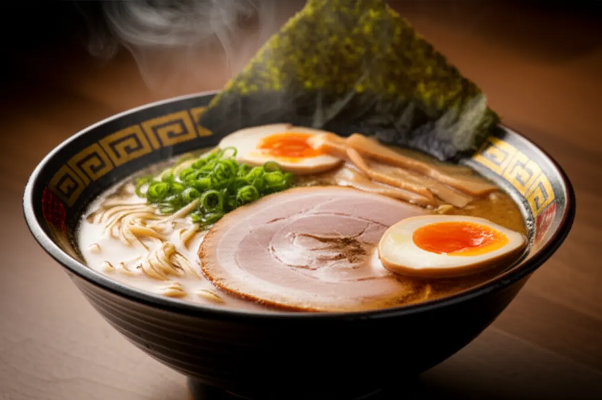 Tigela de ramen japonês artesanal com detalhes de ingredientes frescos.
