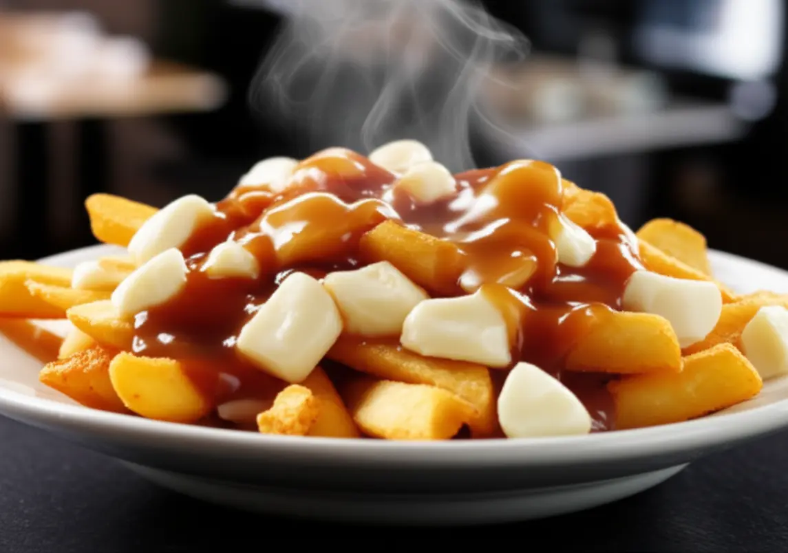 Close-up suculento de um prato de poutine canadense com batatas fritas e queijo.
