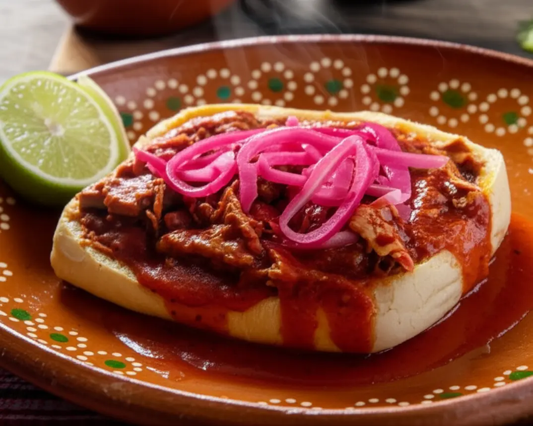Prato típico Torta Ahogada, um sanduíche mergulhado em molho de tomate.