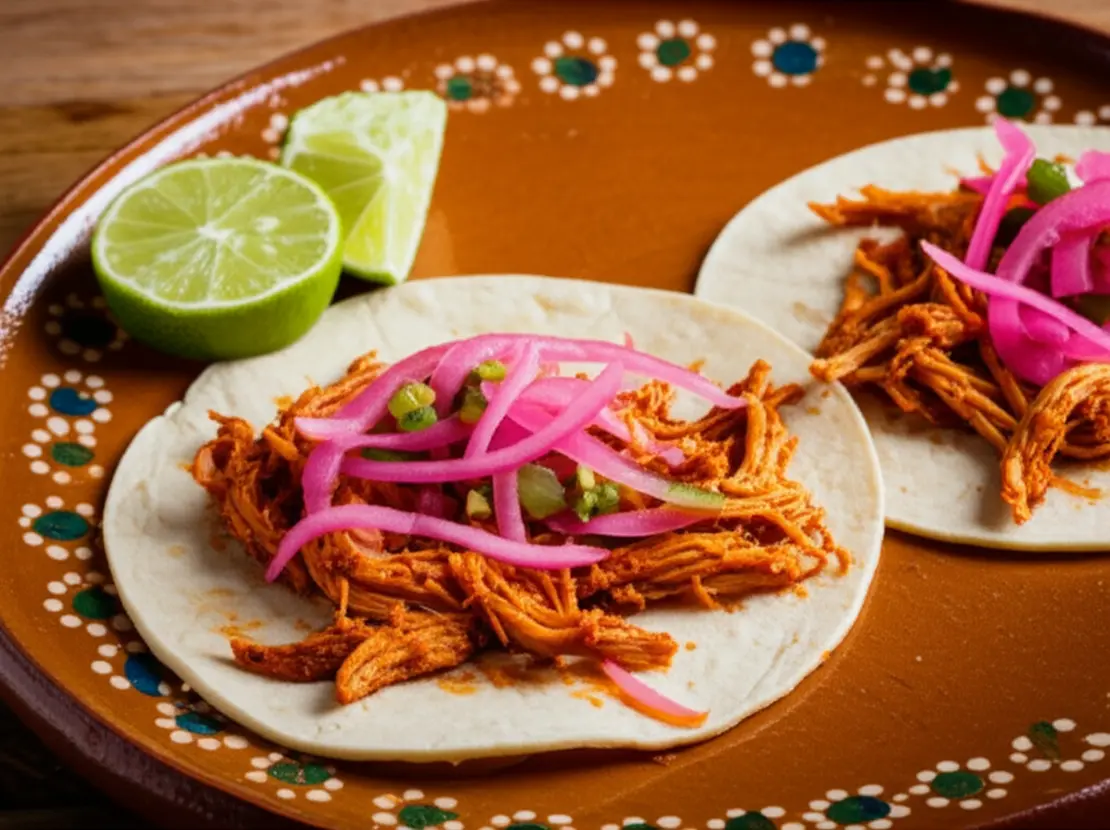 Tacos de cochinita pibil servidos em prato de cerâmica artesanal.