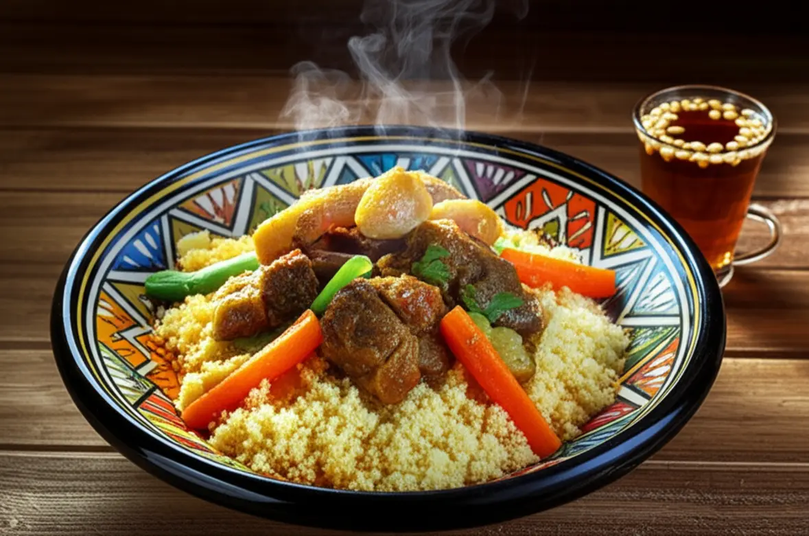 Prato de cuscuz tunisiano fumegante ao lado de um chá de menta com pinhões.