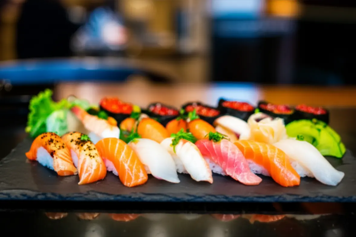 Prato sofisticado de sushi variado com salmão fresco do Pacífico em um restaurante em Vancouver.