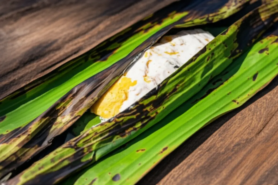 Prato tradicional Lap Lap de Vanuatu servido em folhas de bananeira.