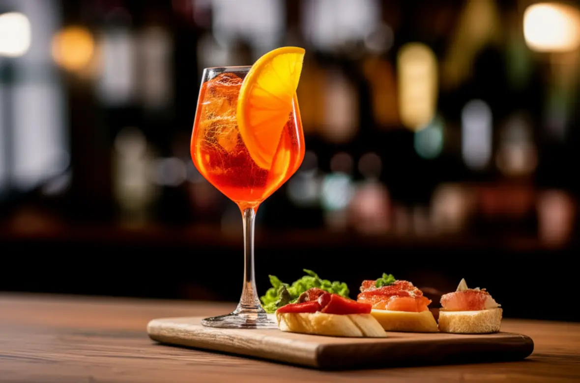 Um copo de Spritz veneziano e uma travessa de cicchetti em um bar tradicional.