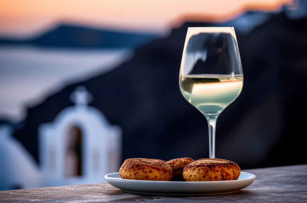 Taça de vinho branco e petiscos gregos em um terraço com vista para o mar em Santorini.