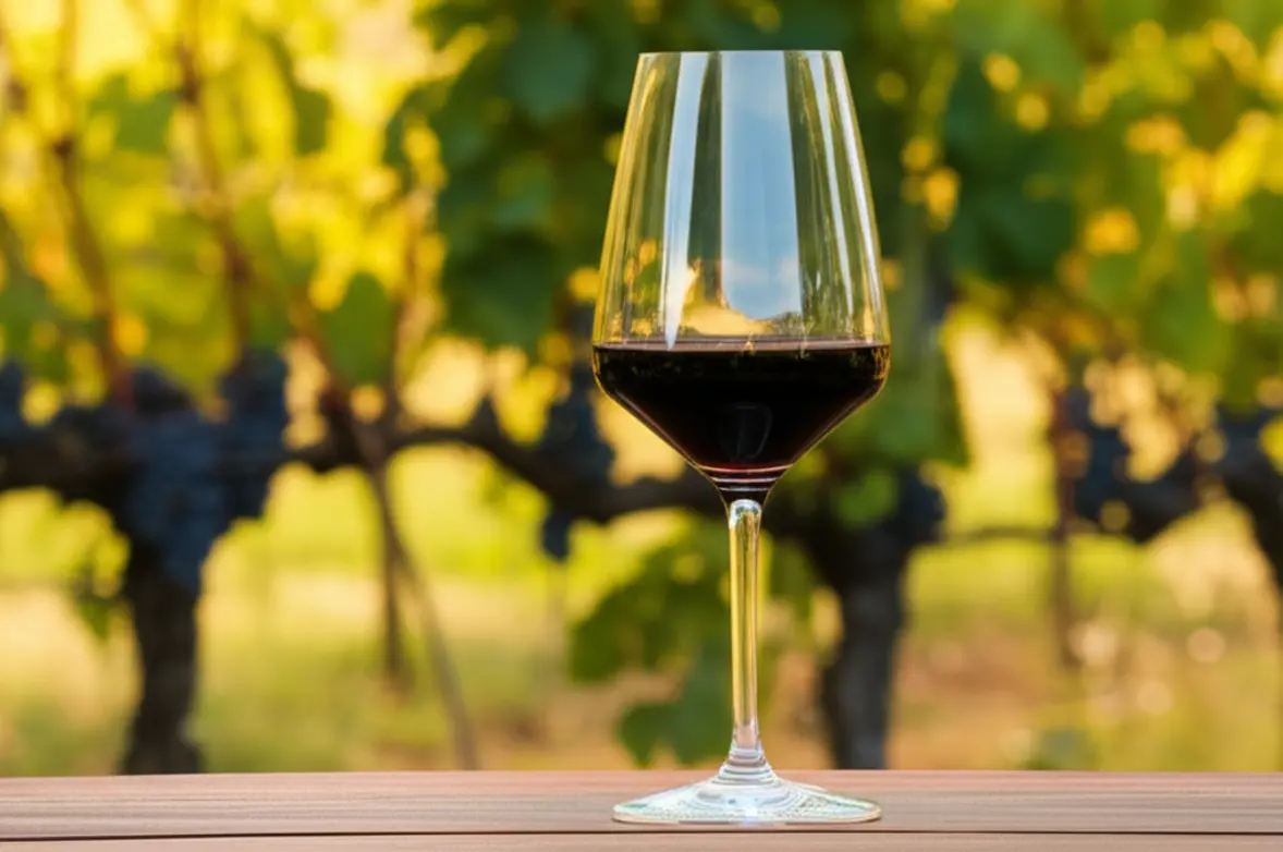 Taça de vinho tinto Pinot Noir em uma mesa rústica com um vinhedo ensolarado ao fundo.