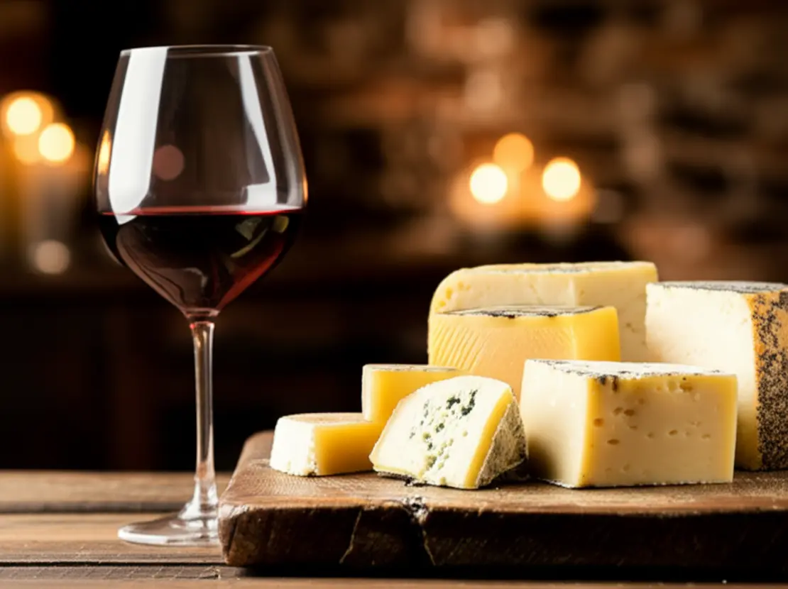 Taça de vinho Tannat e tábua de queijos artesanais em um ambiente rústico.