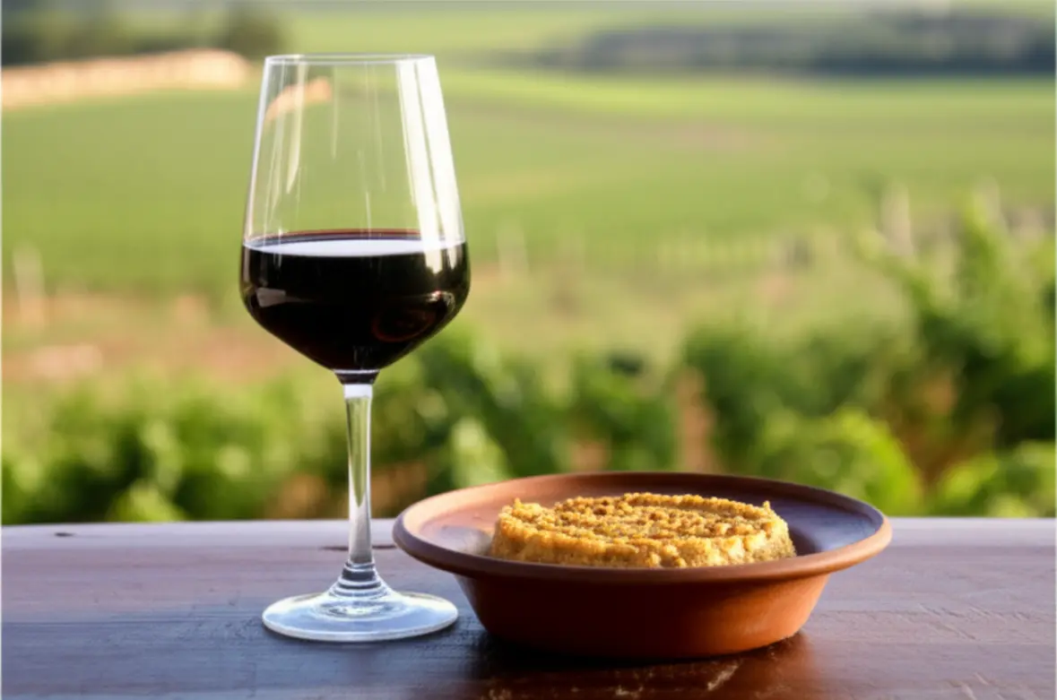 Uma taça de vinho tinto Pinotage em uma mesa de madeira com vinhedos de Stellenbosch ao fundo.