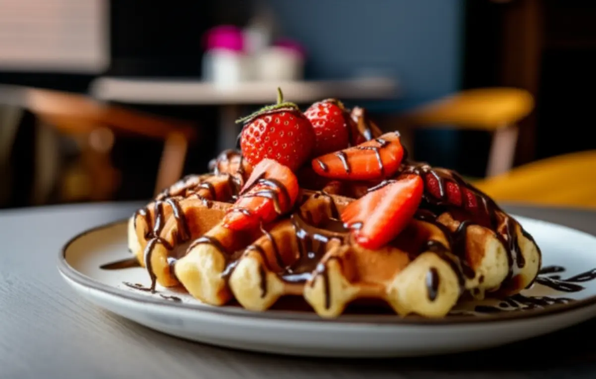 Waffle belga tradicional com morangos e chocolate servido em um café em Bruges.