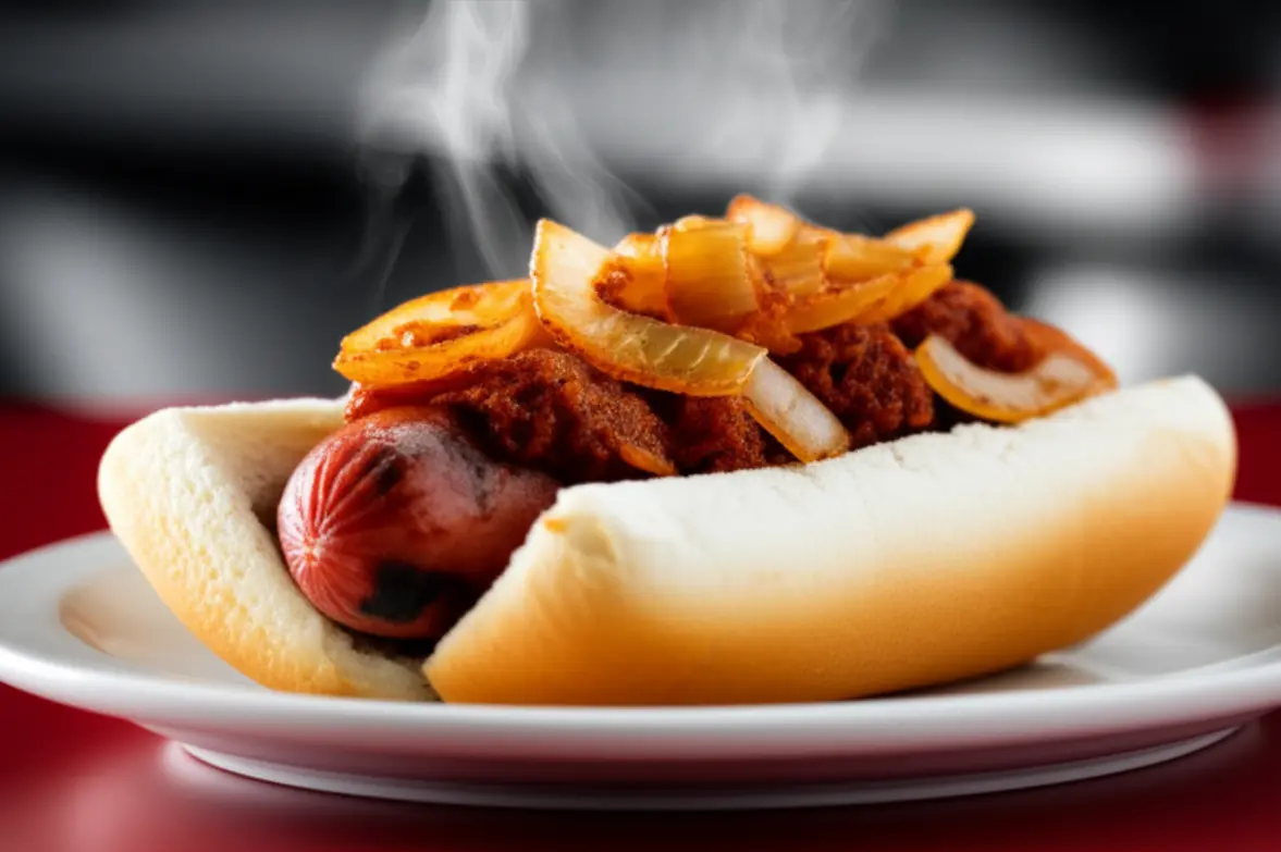 Close-up de um Half-Smoke, prato típico de Washington D.C.