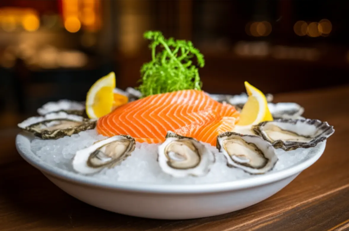 Torre de frutos do mar frescos em um restaurante sofisticado de Whistler.