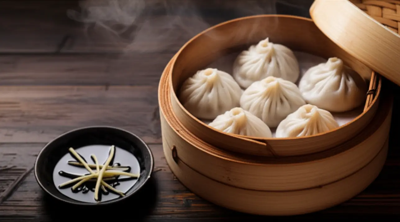 Um cesto de bambu com Xiaolongbao (bolinhos de sopa) fumegantes.