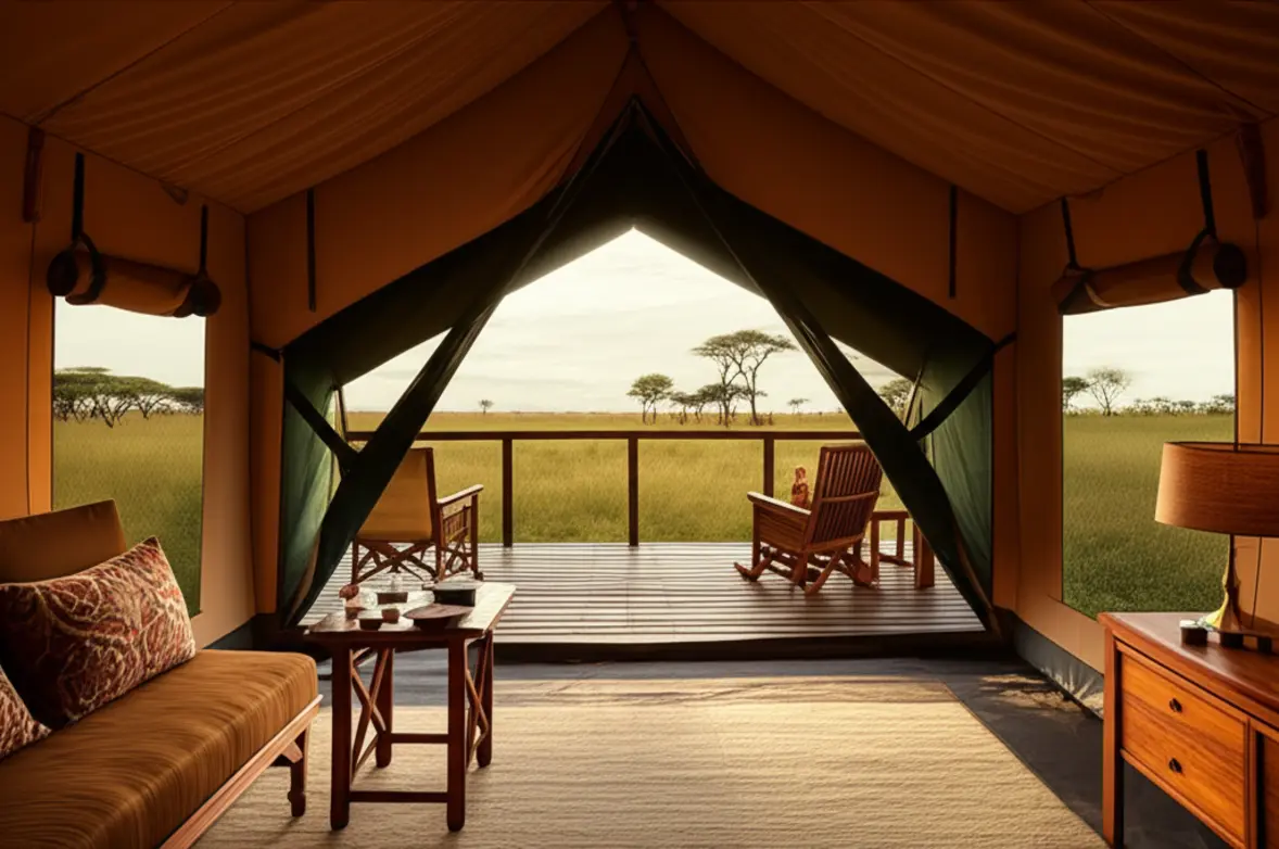 Tenda de luxo estilo glamping com vista para a savana do Serengeti.