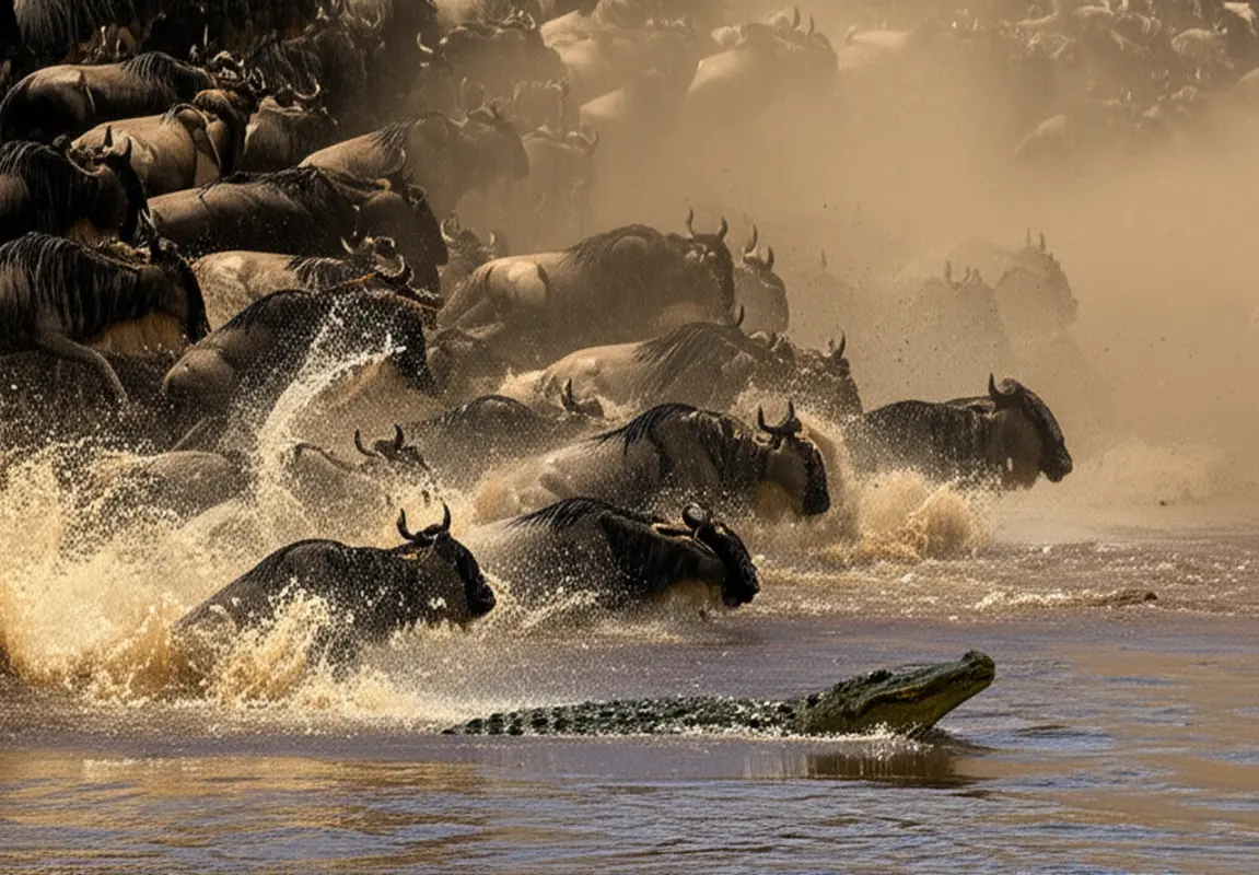 Manada de gnus atravessando o Rio Mara durante a Grande Migração no Quênia.