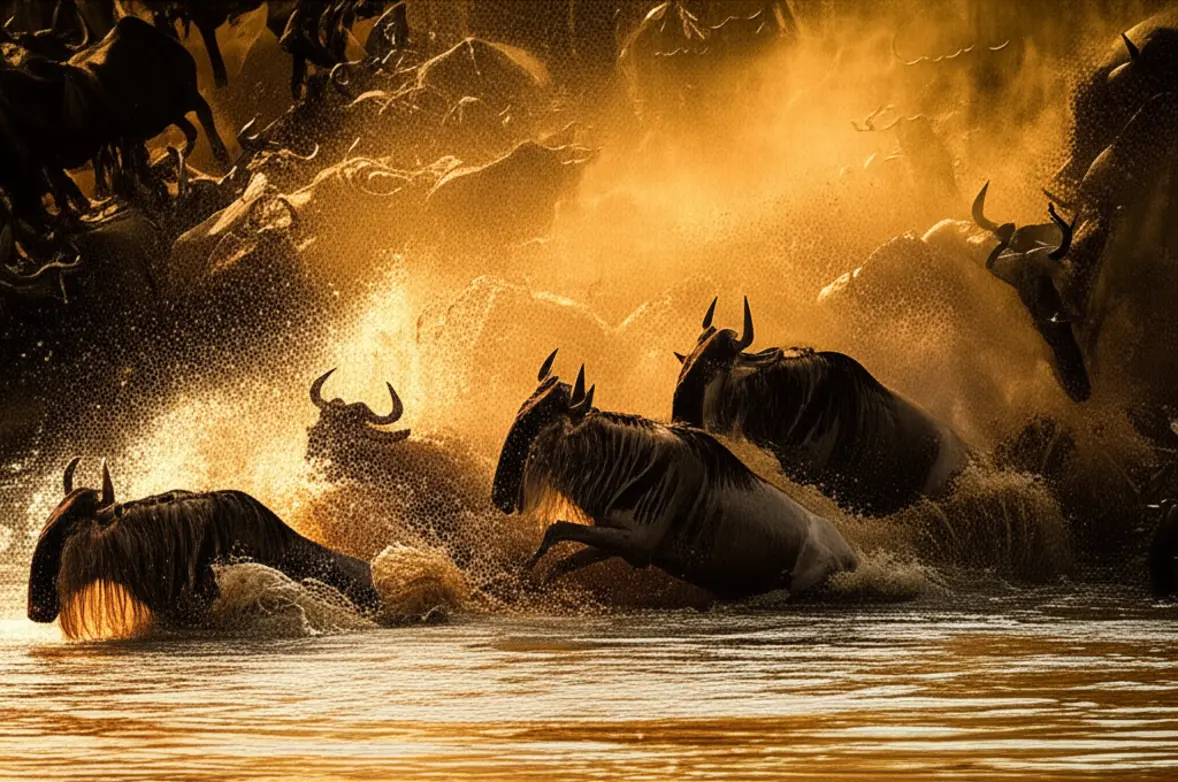 Gnus atravessando o Rio Mara durante a Grande Migração no Serengeti.
