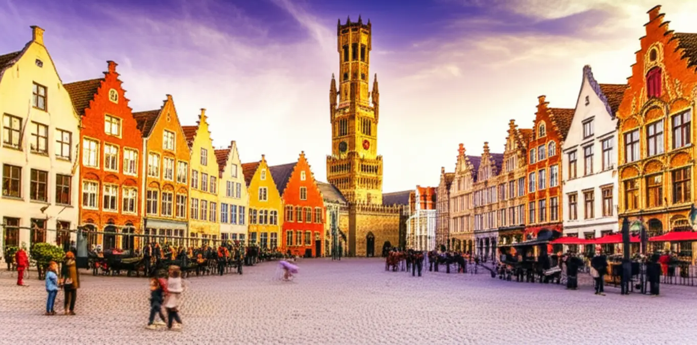 Praça Grote Markt em Bruges com suas casas coloridas e a torre Belfort.