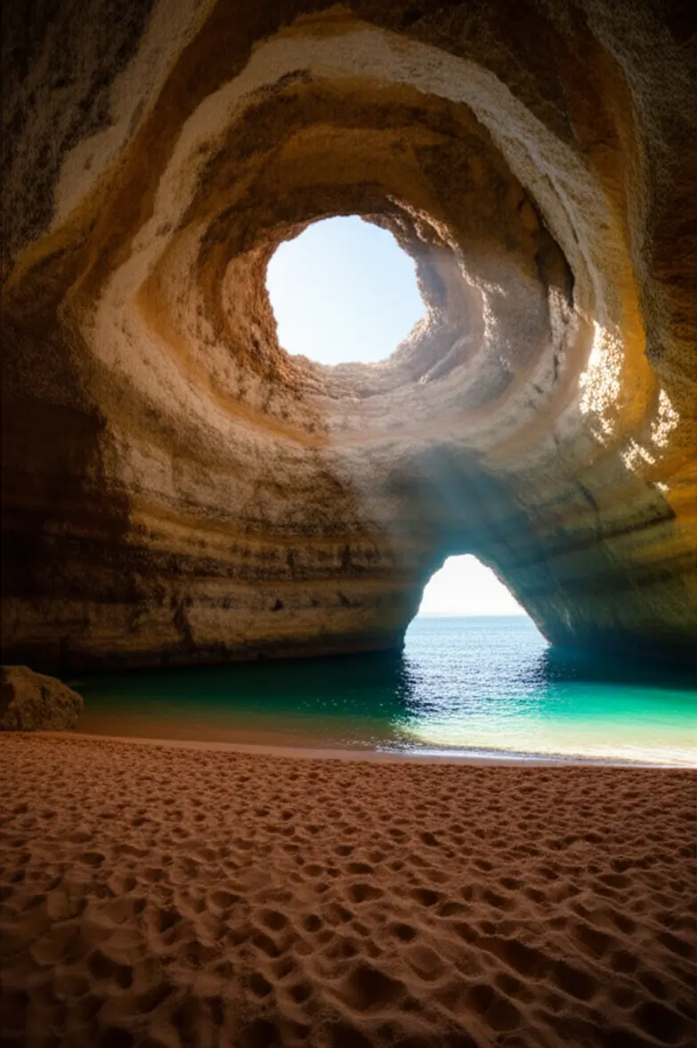 Interior da Gruta de Benagil com luz solar entrando pelo buraco no teto.