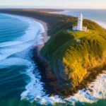 O Farol de Cape Byron no topo de um penhasco verde durante o nascer do sol.