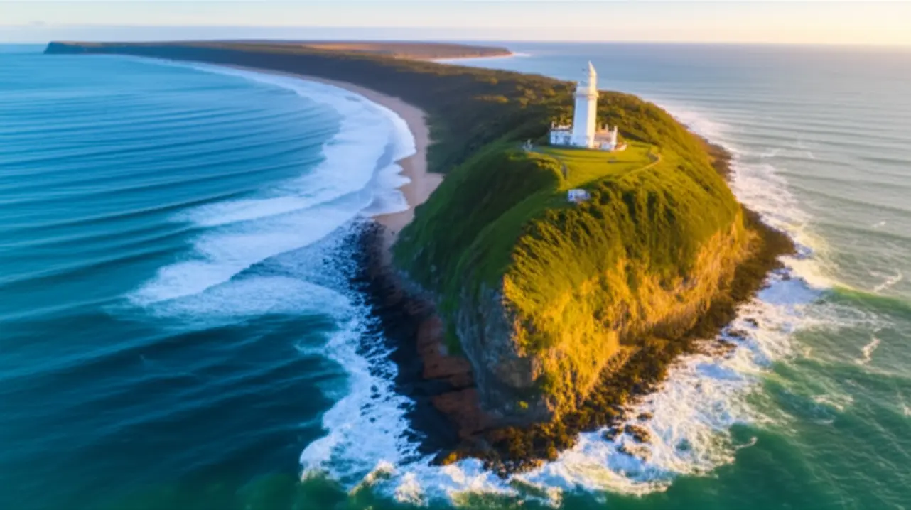 O Farol de Cape Byron no topo de um penhasco verde durante o nascer do sol.
