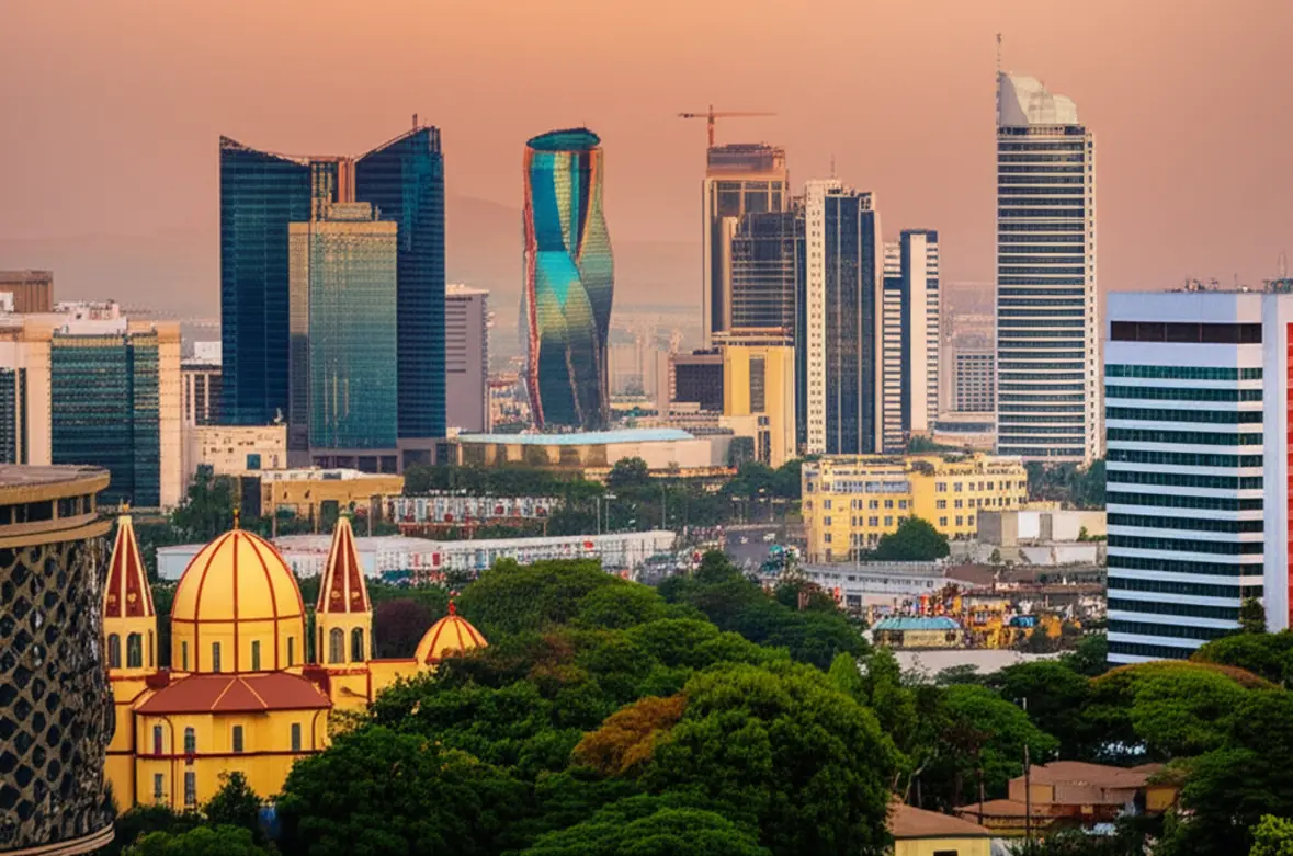 Vista aérea do horizonte de Adis Abeba mesclando prédios modernos e arquitetura tradicional.